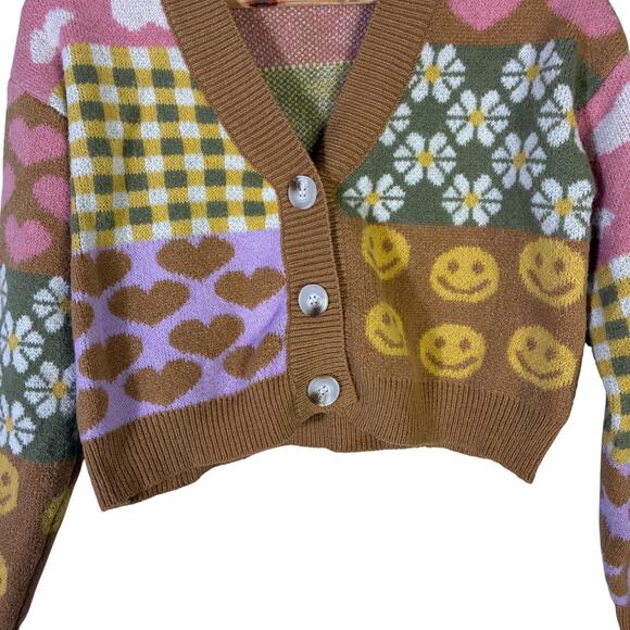 Debut Quirky Patchwork Cropped Cardigan Womens XS Brown Pink Retro Indie Whimsy - Picture 4 of 9